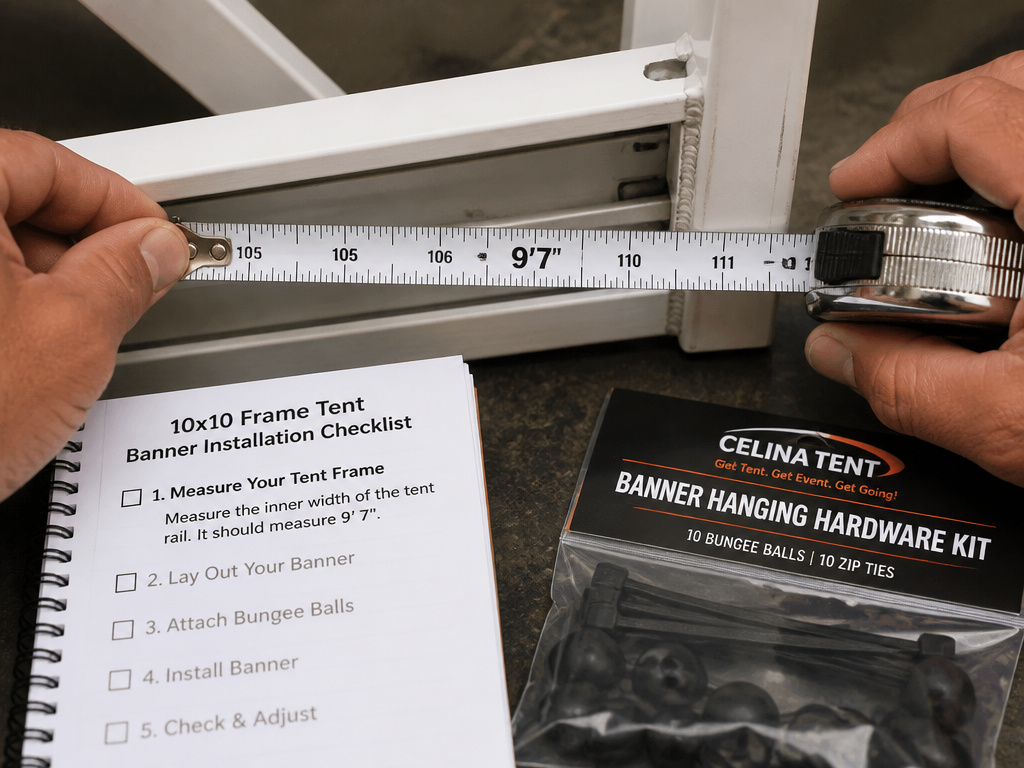 Measuring a 10x10 tent frame for a custom banner width.