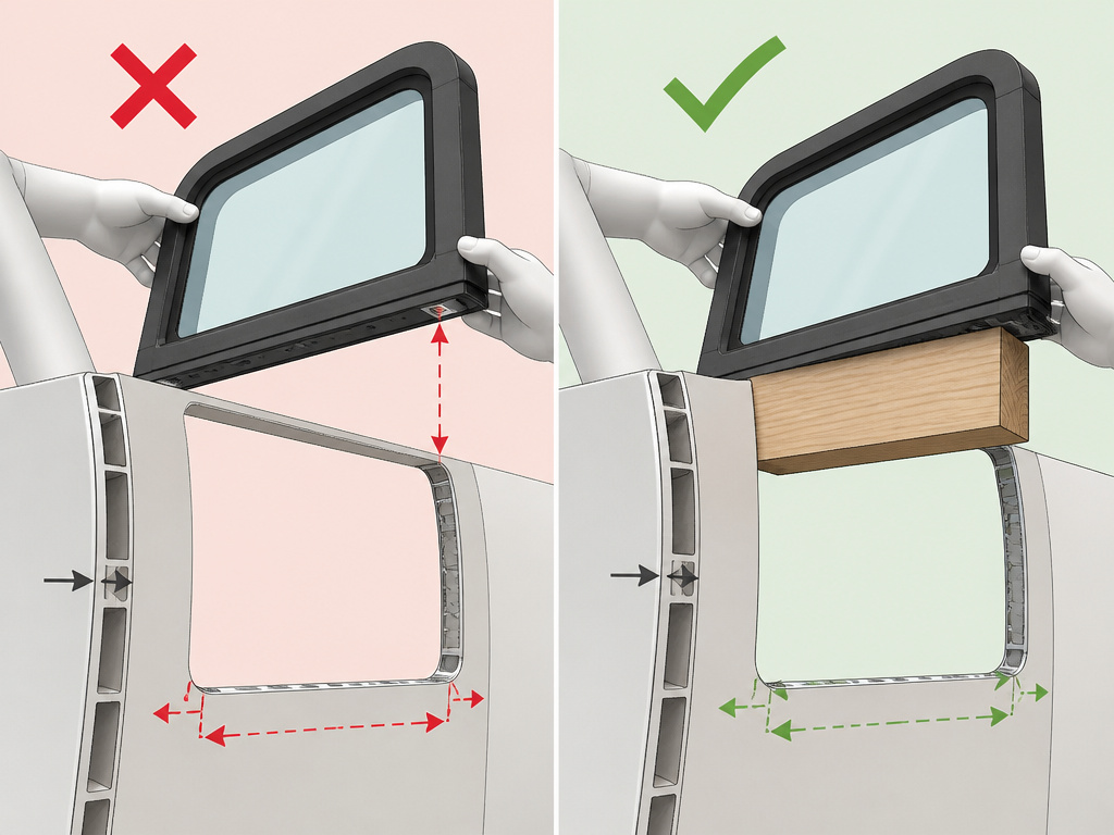 Diagram comparing incorrect and correct window mounting on thin, curved van walls.